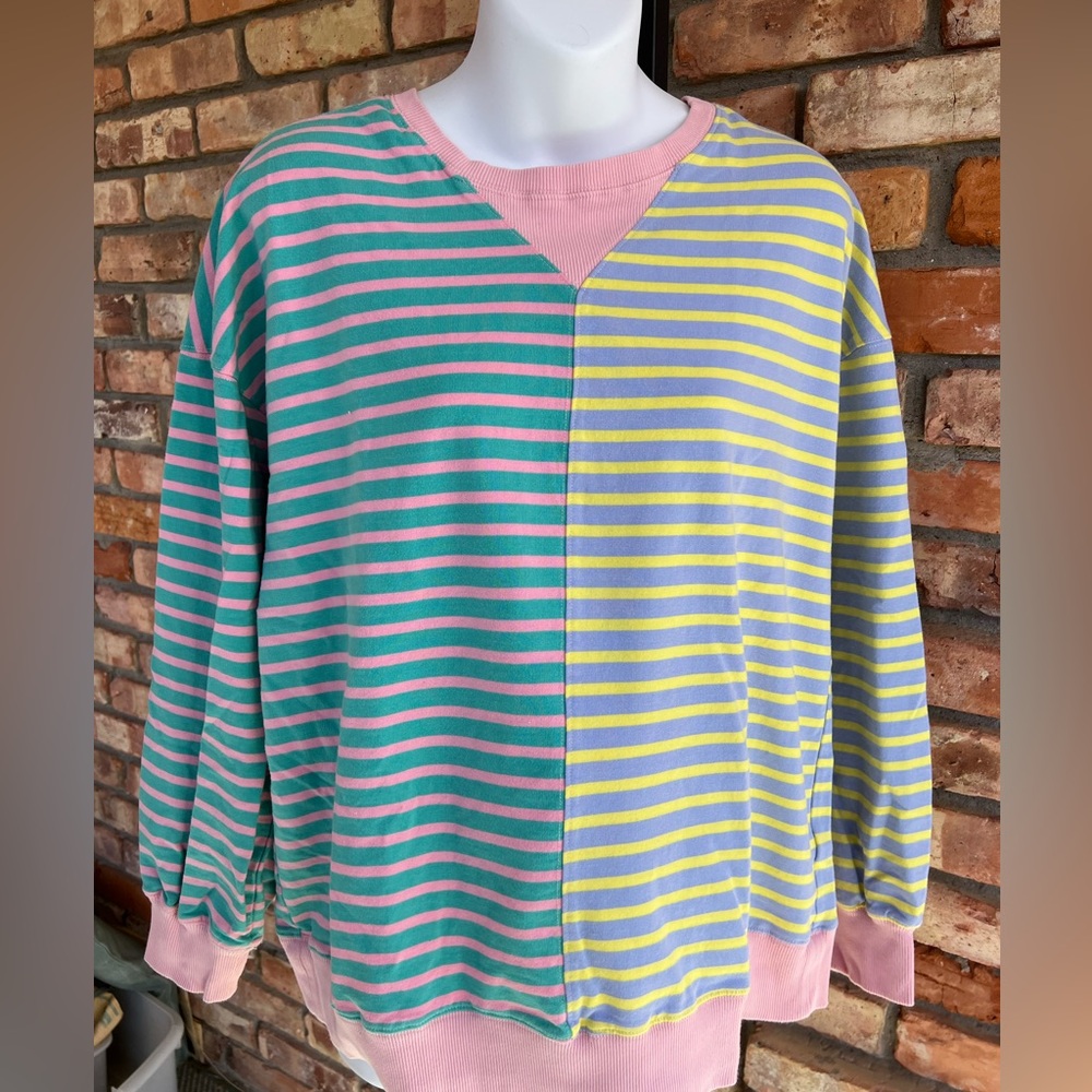 Striped Colorblock Jersey Sweatshirt w faux pink v-neck& ribbed pink cuffs